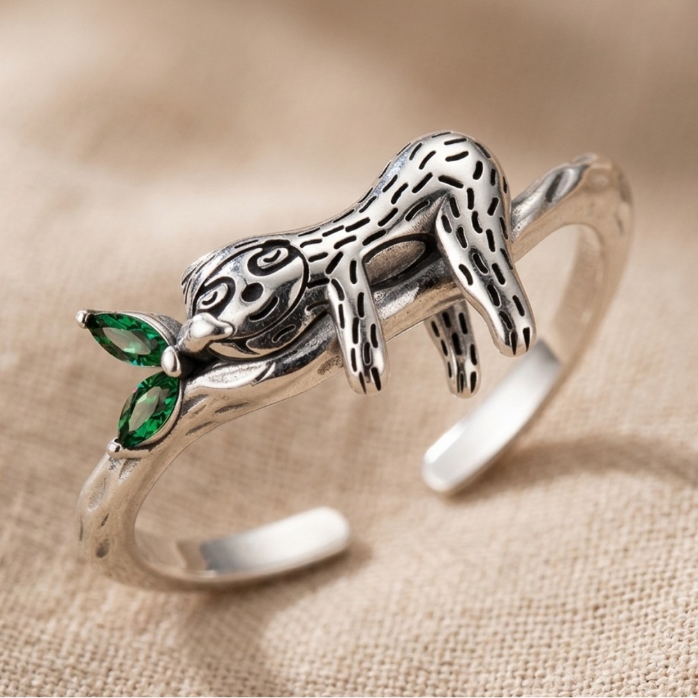 Silver Sloth Ring with Emerald Green Stones